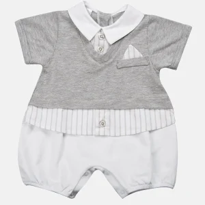 Pagliaccetto mezza manica in cotone elasticizzato con taschino e inserti in tela di cotone rigati