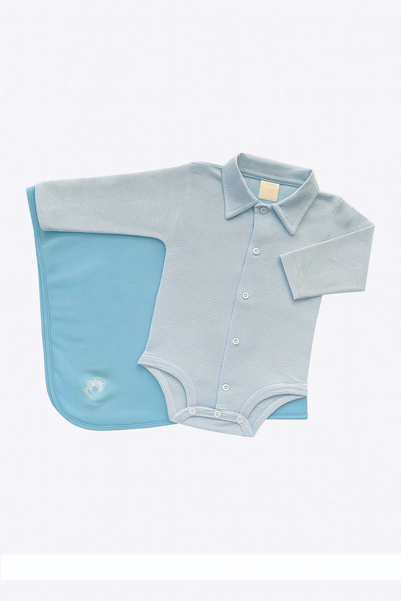 Pacchetto nascita 2 pezzi con body rigato con colletto e copertina in cotone con stampa - immagine 4