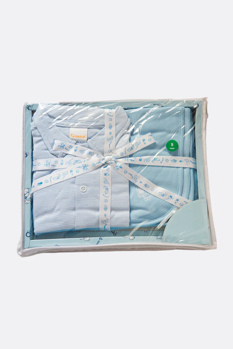 Pacchetto nascita 2 pezzi con body rigato con colletto e copertina in cotone con stampa - immagine 7