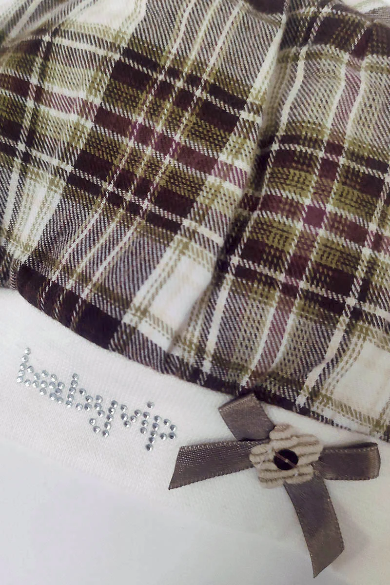 Baschetto in cotone caldo fantasia a quadri con strass e Fiocchettino + sciarpa coordinata - immagine 3