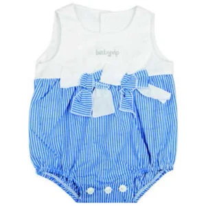 Pagliaccetto spalla larga in cotone con fiocco e strass fantasia rigata