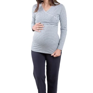 Pigiama pre-post parto manica lunga con taglio incrociato e pantalone con fascia