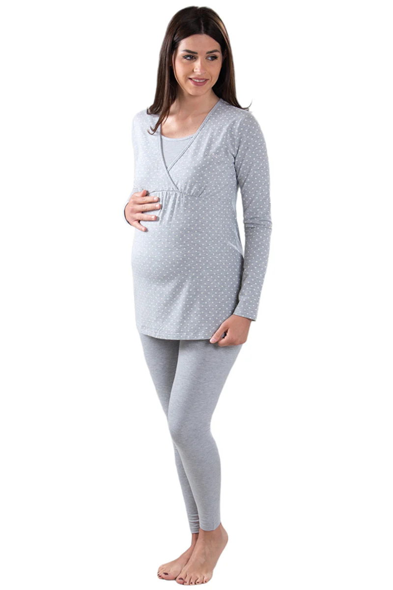 Pigiama pre-post parto manica lunga con taglio incrociato e pantalone con fascia - immagine 2