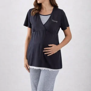 Pigiama pre-post parto mezza manica in cotone con con taglio incrociato balza in pizzo e pantalone in jersey