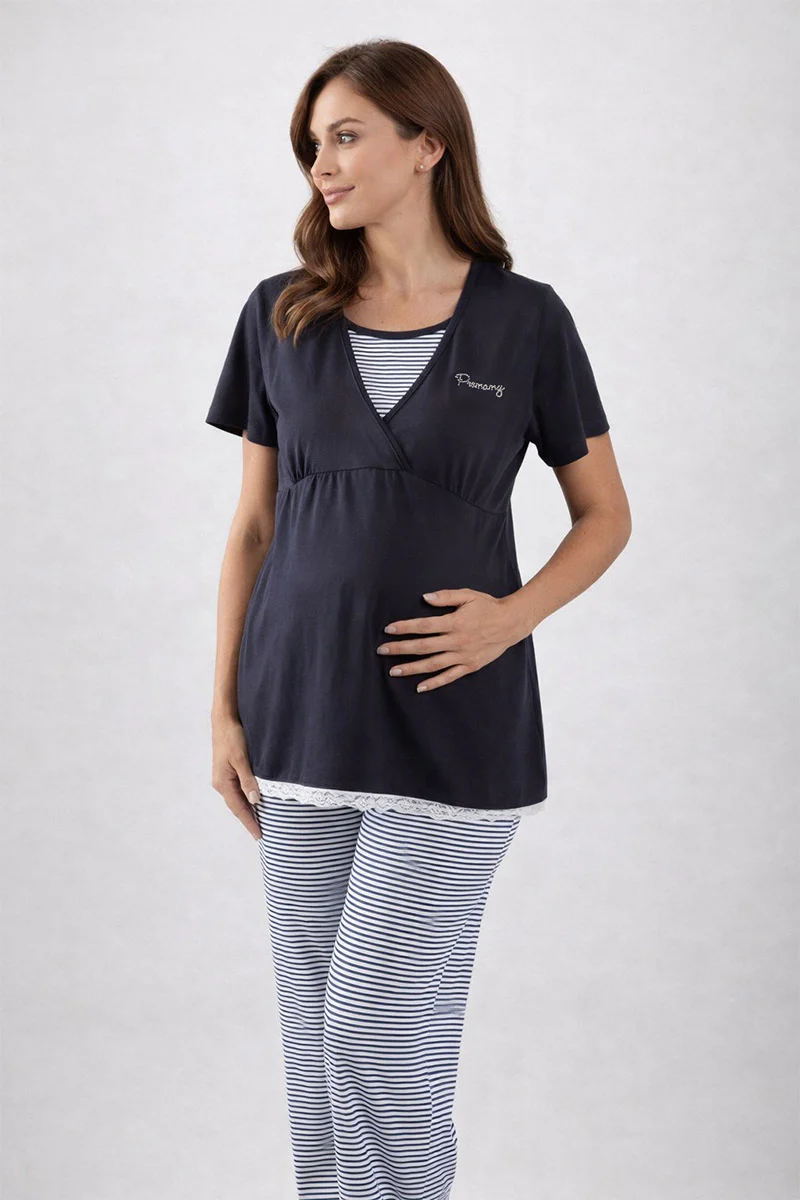 Pigiama pre-post parto mezza manica in cotone con con taglio incrociato balza in pizzo e pantalone in jersey - immagine 2