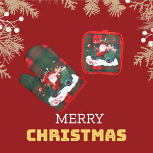 Set natalizio di presina più guanto da cucina con Babbo Natale su motoretta