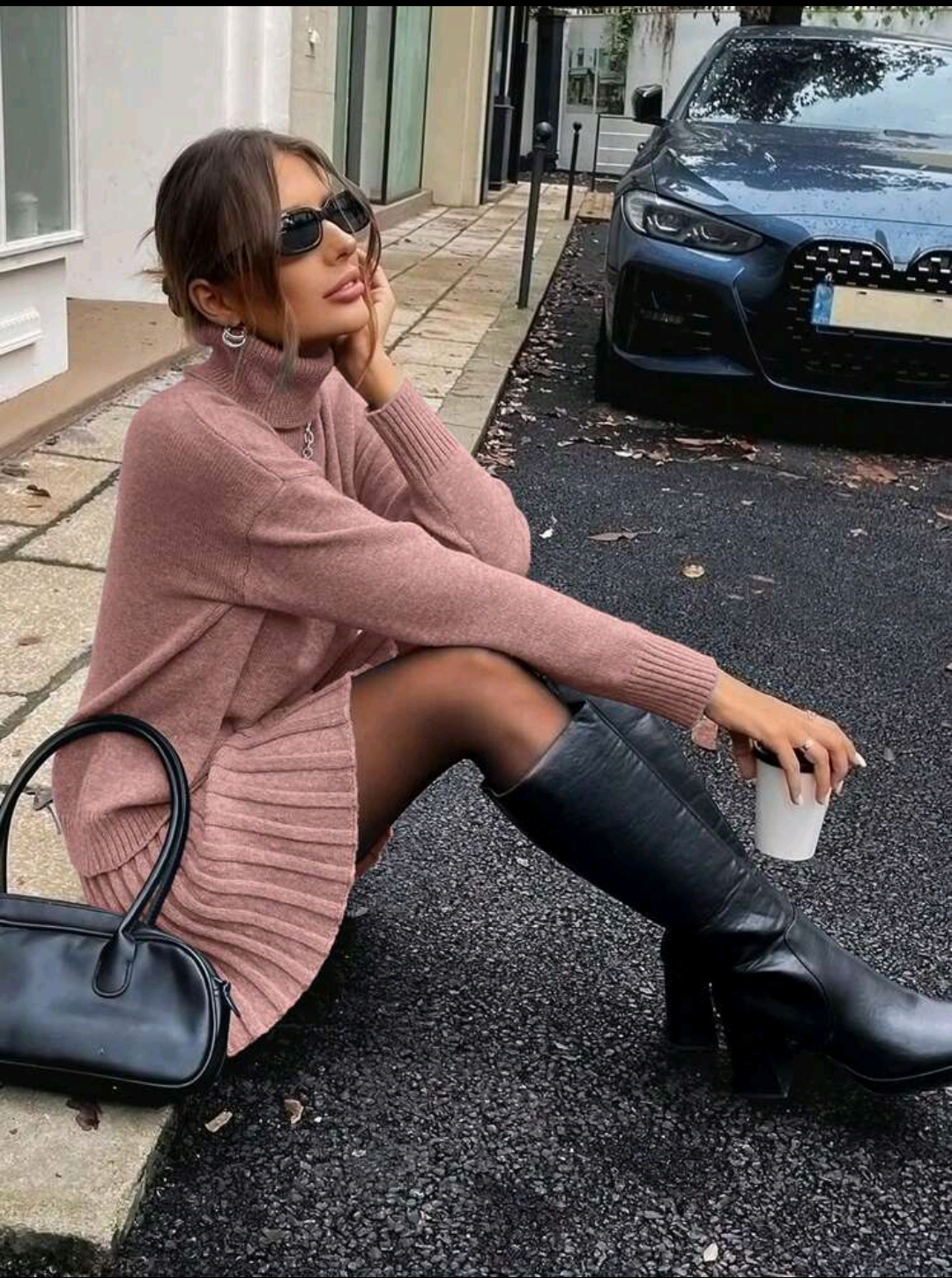 Completo maglia dolcevita con gonna modello Milano colore rosa antico - immagine 3