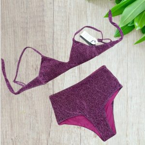 Bikini a fascia intera in tessuto lurex colore magenta taglia 42/M