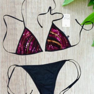 Bikini a triangolo con paillettes in colore nero/fucsia taglia 40/S