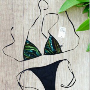 Bikini a triangolo con paillettes in colore nero/verde taglia 40/S