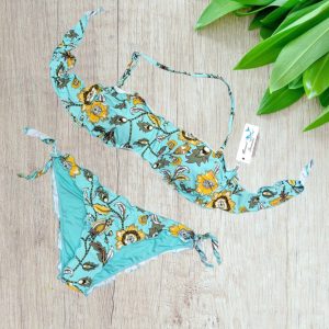 Bikini a fascia colore verde Tiffany con stampa floreale taglia 46/XL