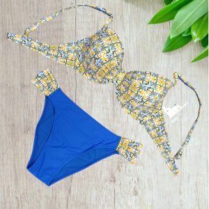 Bikini a balconcino in fantasia maioliche vietresi giallo e blu taglia 50/3XL
