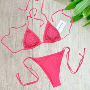 Bikini a triangolo con inserti di strass in colore corallo taglia 42/M
