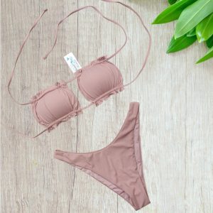 Bikini a tendina in tessuto multirighe e colore rosa antico taglia 44/L
