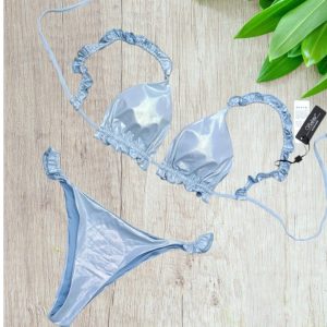 Bikini a triangolo con voilan colore celeste metallizzato taglia 46/XL