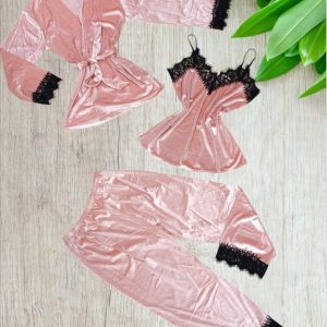 Set donna di lingerie per la notte in velluto e pizzo in colore rosa taglia XL