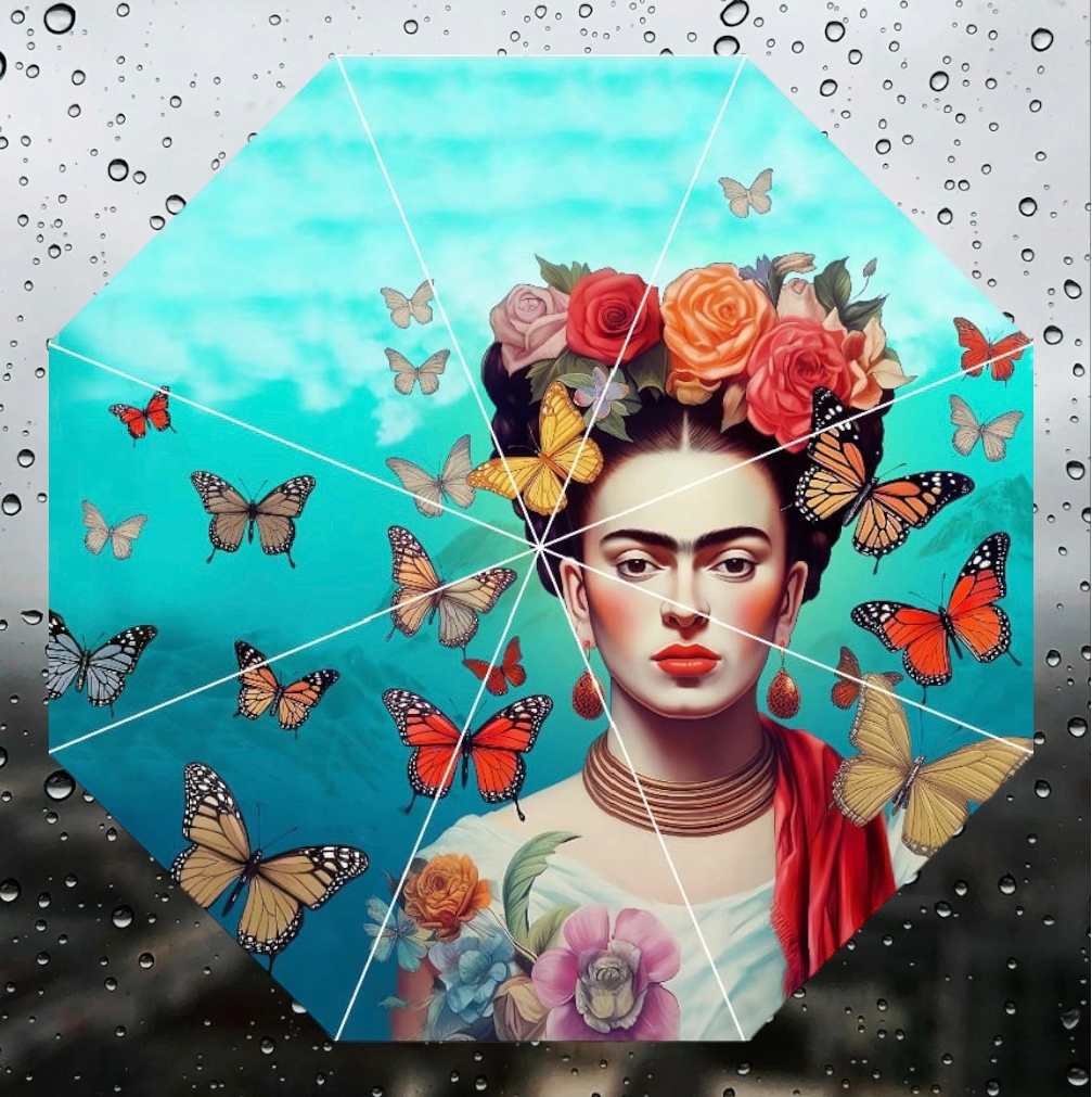 Ombrello d’ autore Frida Kahlo modello farfalle e rose - immagine 3