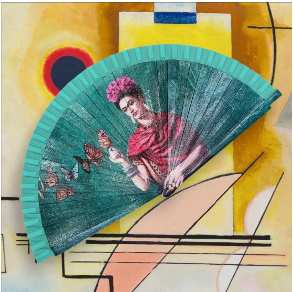 Ventaglio d’ autore raffigurante il quadro “Autoritratto con Farfalle” di Frida Khalo - immagine 2