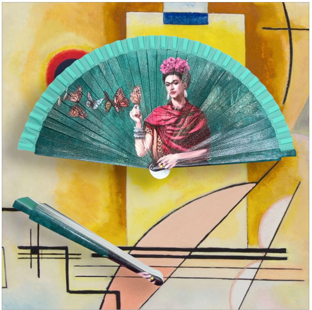 Ventaglio d’ autore raffigurante il quadro “Autoritratto con Farfalle” di Frida Khalo - immagine 4