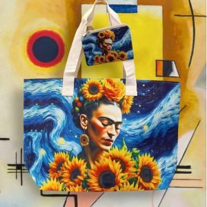 Borsa mare serie “quadri d’ autore” di Frida Kalo” modello autoritratto con girasoli