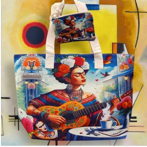 Borsa mare serie “quadri d’ autore” di Frida Kalo” modello autoritratto con chitarra