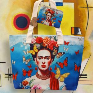 Borsa mare serie “quadri d’ autore” di Frida Kalo” modello autoritratto con farfalle