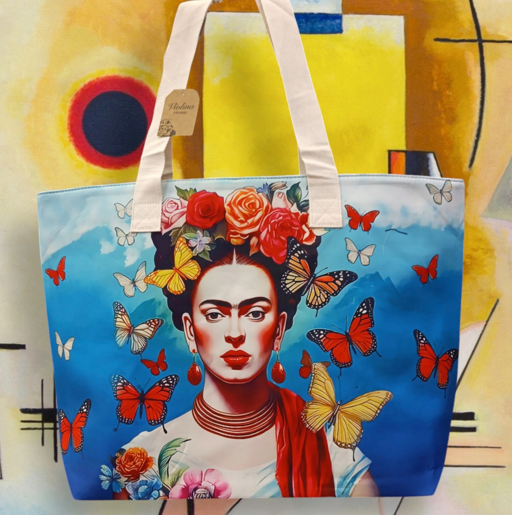 Borsa mare serie “quadri d’ autore” di Frida Kalo” modello autoritratto con farfalle - immagine 3