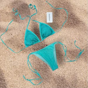 Bikini a triangolo con inserti di strass in colore verde Tiffany taglia 42/M
