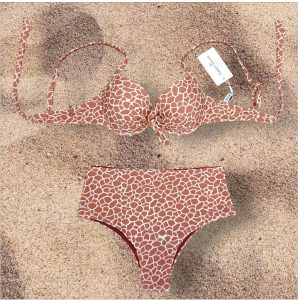 Bikini con coppa push up e slip alto stile vintage in colore ruggine e bianco taglia 44/L