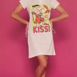 Maxi maglia/ camicia da notte donna marca Sabor modello The Flintstones in cotone leggero in colore bianco
