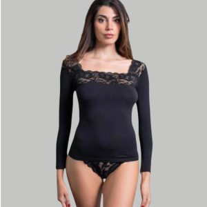 Maglia sotto giacca donna a manica lunga e scollo quadrato marca Sensi in cotone elasticizzato e pizzo macramè