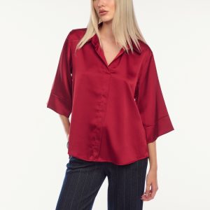 Blusa satinata donna colore bordeaux satinata con maniche a tre quarti