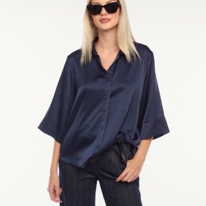 Blusa satinata donna colore blu con maniche a tre quarti