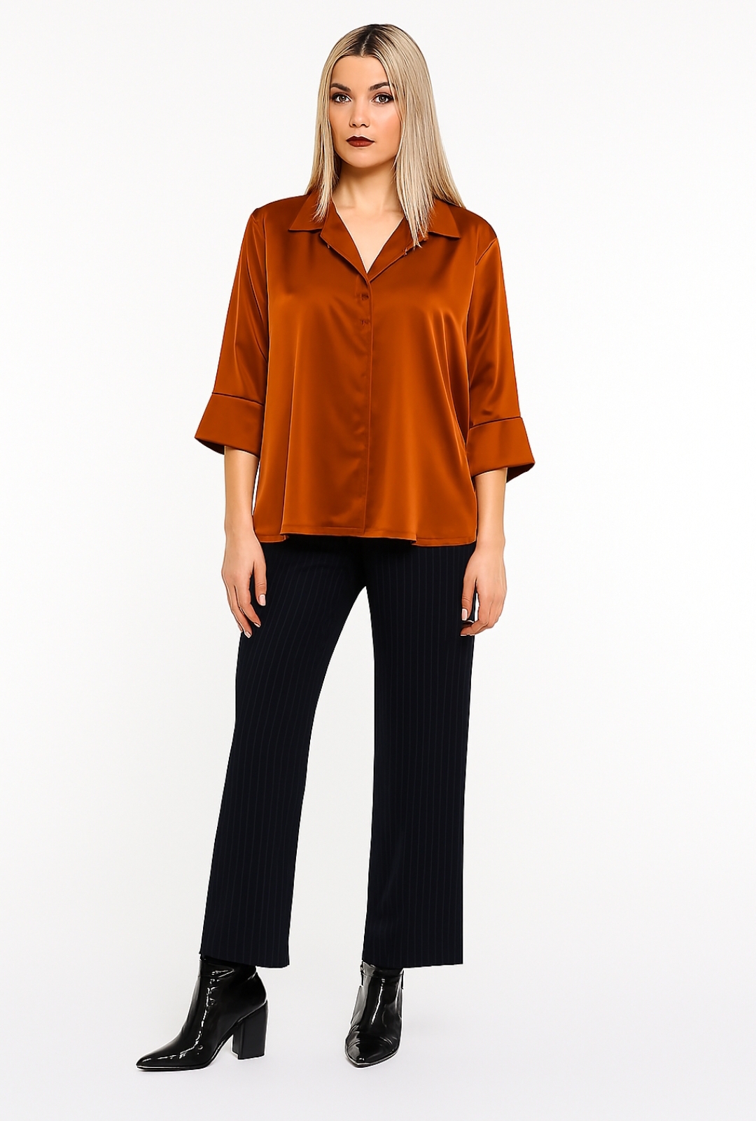 Blusa satinata donna colore arancio ramato satinata con maniche a tre quarti - immagine 3