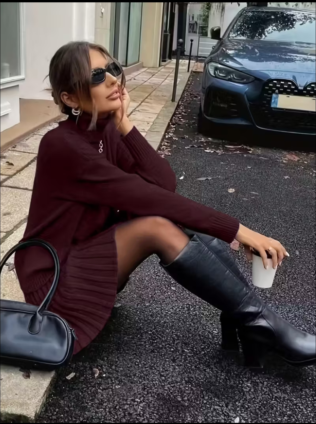 Completo maglia dolcevita con gonna modello Milano colore bordeaux - immagine 5