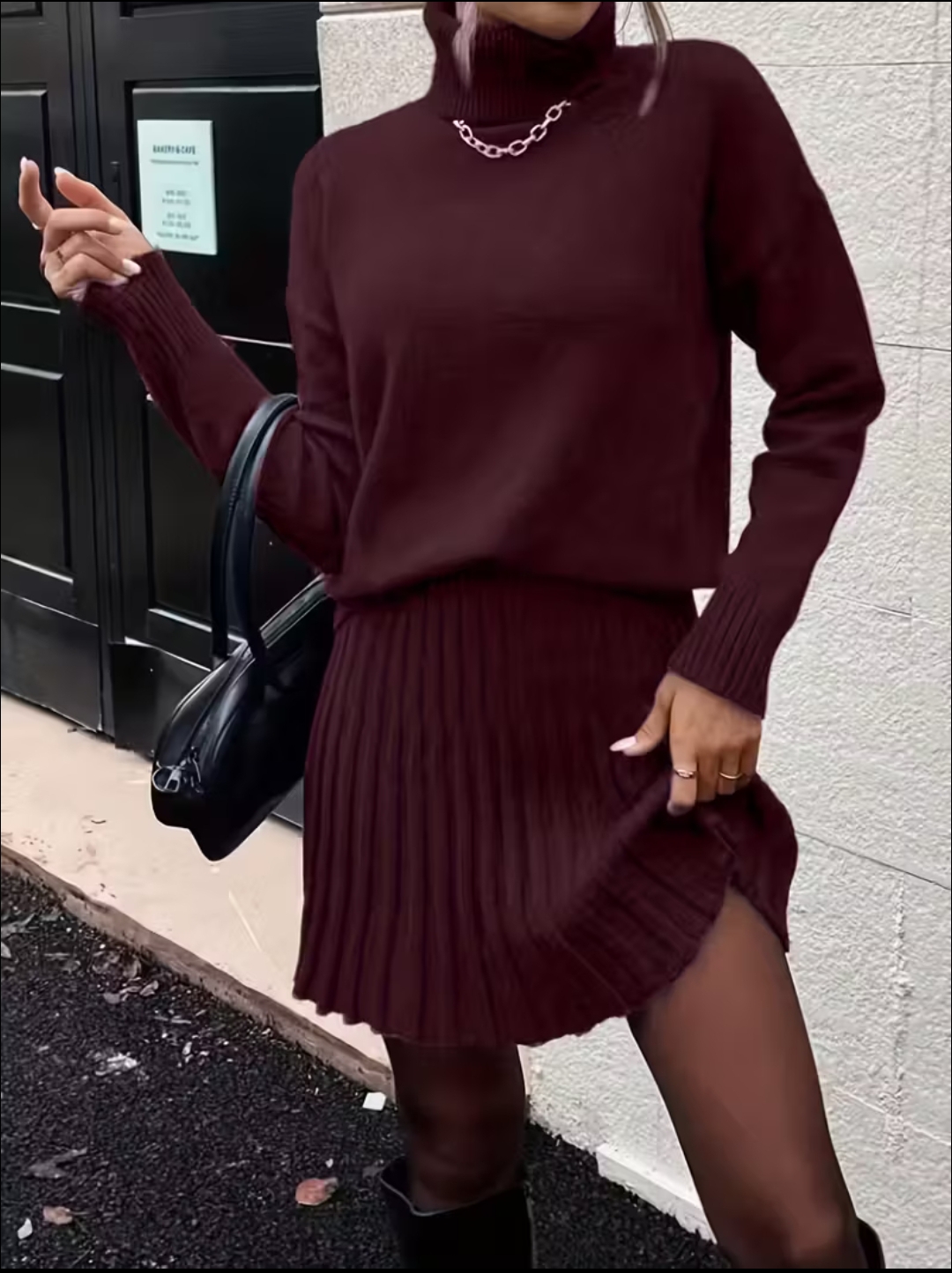 Completo maglia dolcevita con gonna modello Milano colore bordeaux - immagine 3