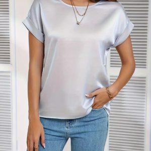 Maglia/Sottogiacca a mezza manica in morbido raso colore grigio ghiaccio