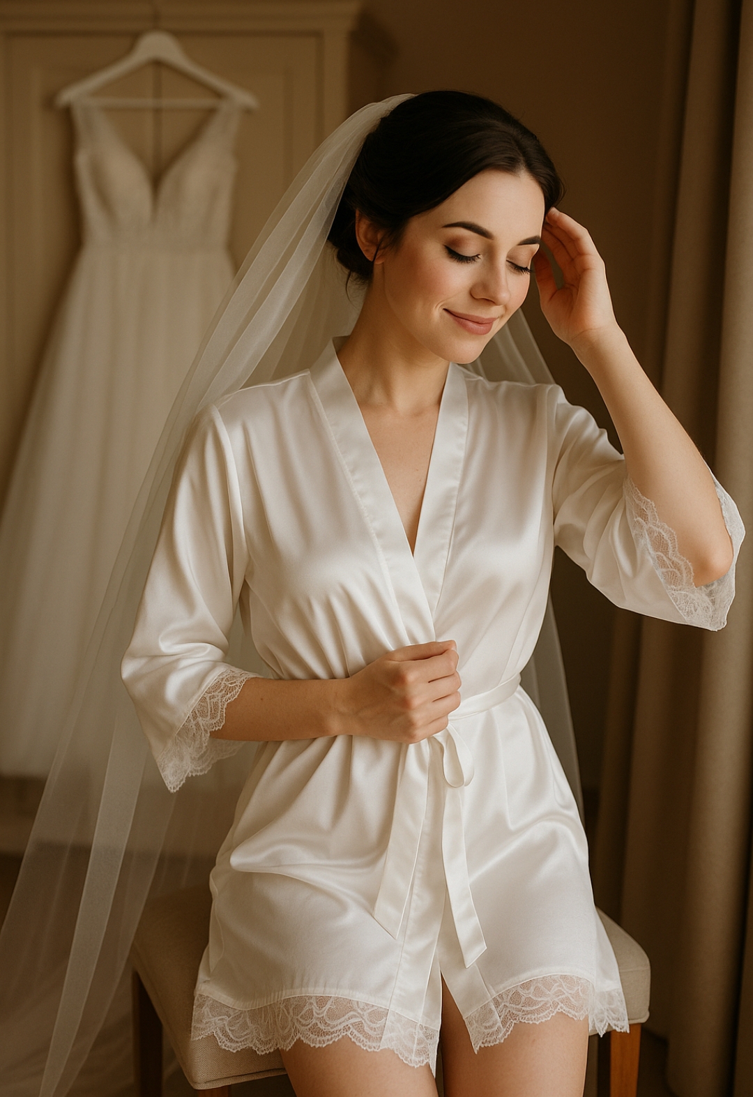 Completo sposa con kimono e sottoveste in morbido raso ed elegante pizzo - immagine 4