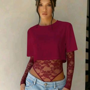 Body in pizzo floreale a maniche lunghe con maglia a mezze maniche in cotone – Eleganza velata – Made in Italy