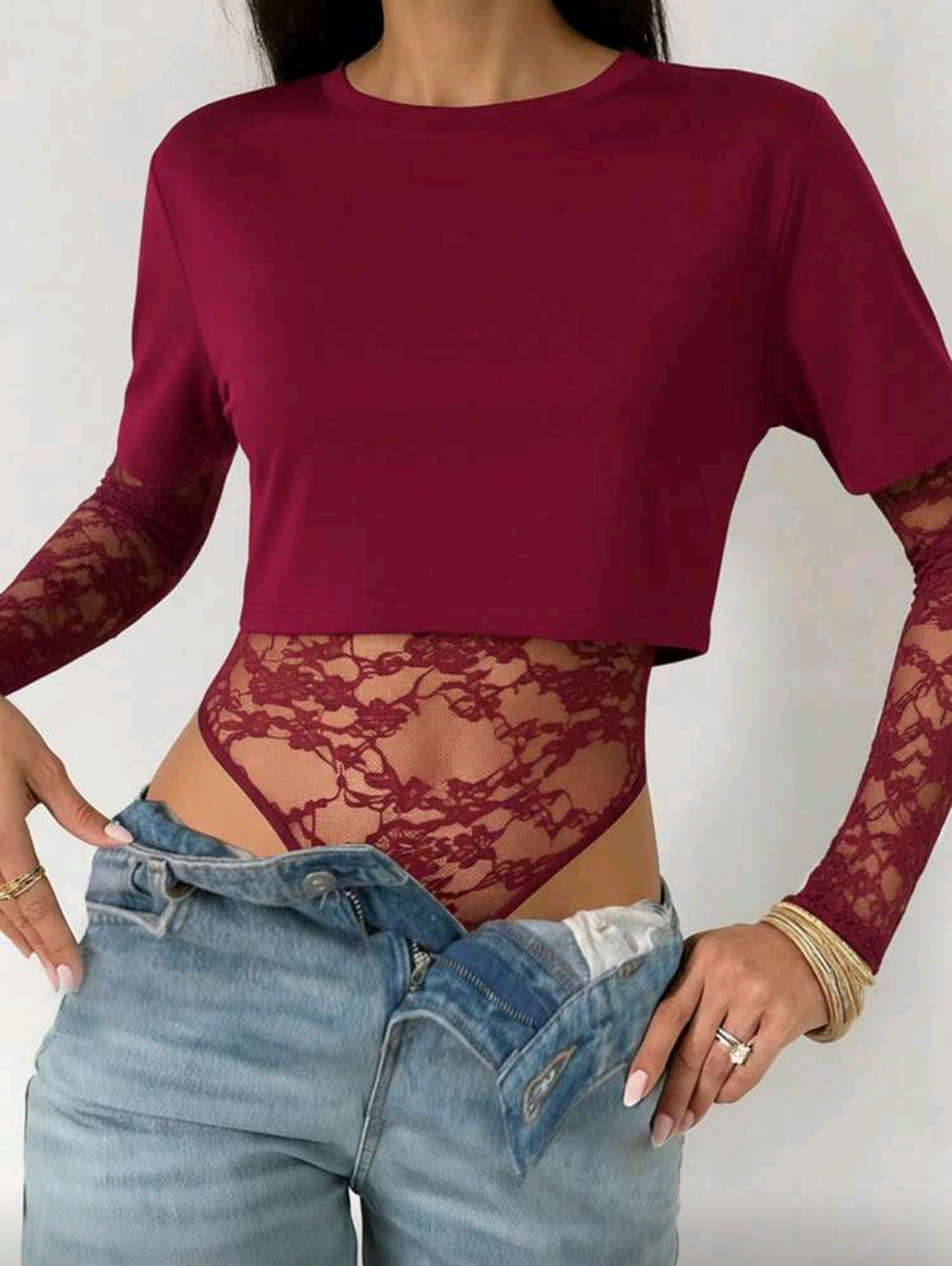 Body in pizzo floreale a maniche lunghe con maglia a mezze maniche in cotone – Eleganza velata – Made in Italy - immagine 8
