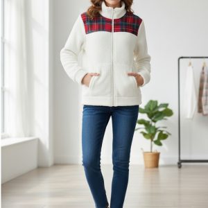 Giacca Donna marca Jadea modello Teddy in caldo e morbido pile e con Inserto Tartan – Bianco – solo Taglia S