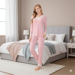 Pigiama Donna in Viscosa Naturale in colore Rosa con Bordi in Pizzo Bianco