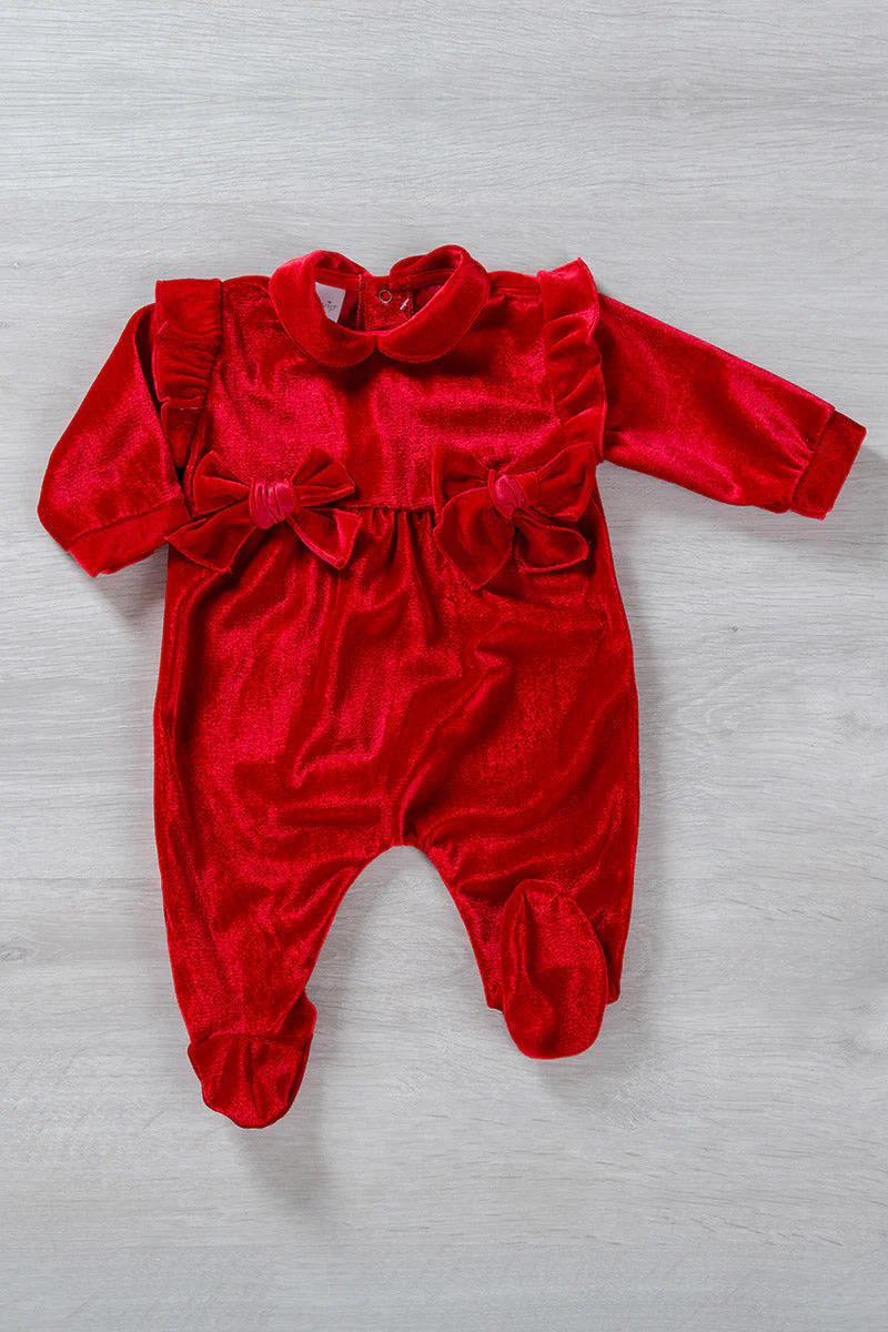 Tutina in velluto con alette arricciate, taglio con arricciatura e fiocchi in tessuto applicati - immagine 3