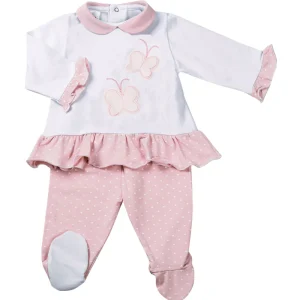 Completo 2 pezzi con ricamo farfalle e inserti a pois