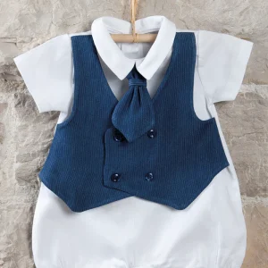 Pagliaccetto in tela di cotone con gilet doppio petto applicato in tessuto gessato e cravattino