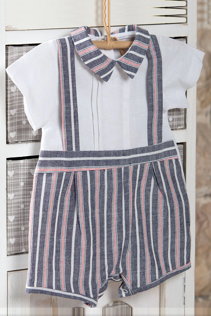 Pagliaccetto in tela di cotone con inserti e bretelle applicate in tessuto effetto lino rigato - immagine 2