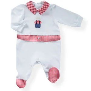 Tutina in piquet con ricamo ed inserti in tela fantasia vichy