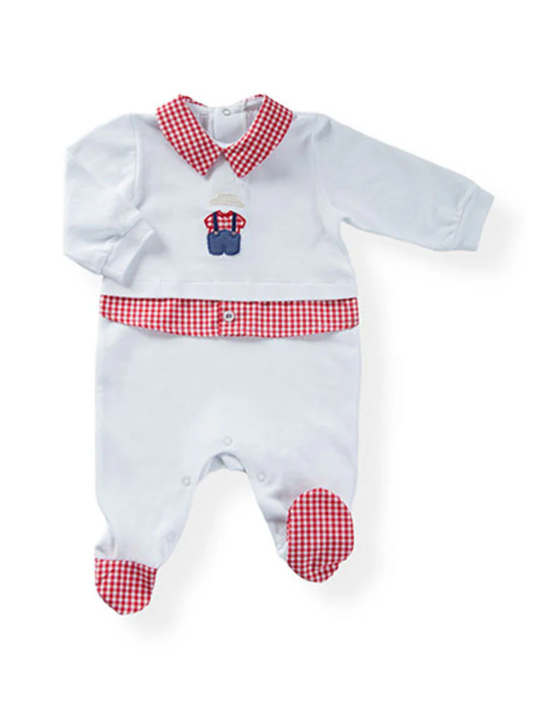 Tutina in piquet con ricamo ed inserti in tela fantasia vichy