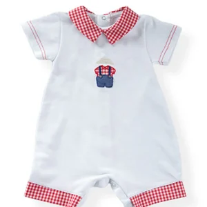 Pagliaccetto in piquet con ricamo ed inserti in tela fantasia vichy