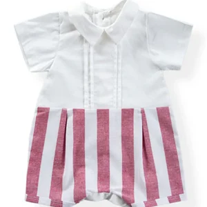 Pagliaccetto in tela di cotone con pieghette e inserto in tela effetto lino rigato